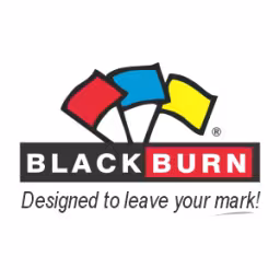 Blackburn Flag Logo with 3 marking flag graphics in primary colors. "Designed to Leave Your Mark." 