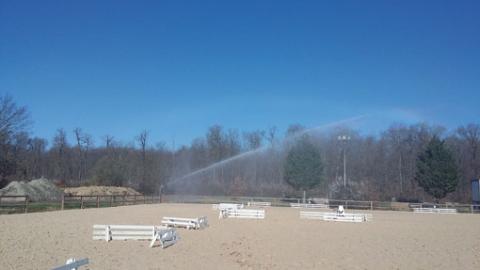 IRRIGATION NEEDS TO BE APPLIED DAILY, IN THE CORRECT AMOUNT AND UNIFORMLY OVER THE WHOLE ARENA, THE SAND HAVING THE DISTINCTIVE FEATURE OF BEING VERY DRY AND VERY VOLATILE, CREATING A DUSTY ATMOSPHERE THAT IS ANNOYING FOR THE HORSES AND RIDERS.